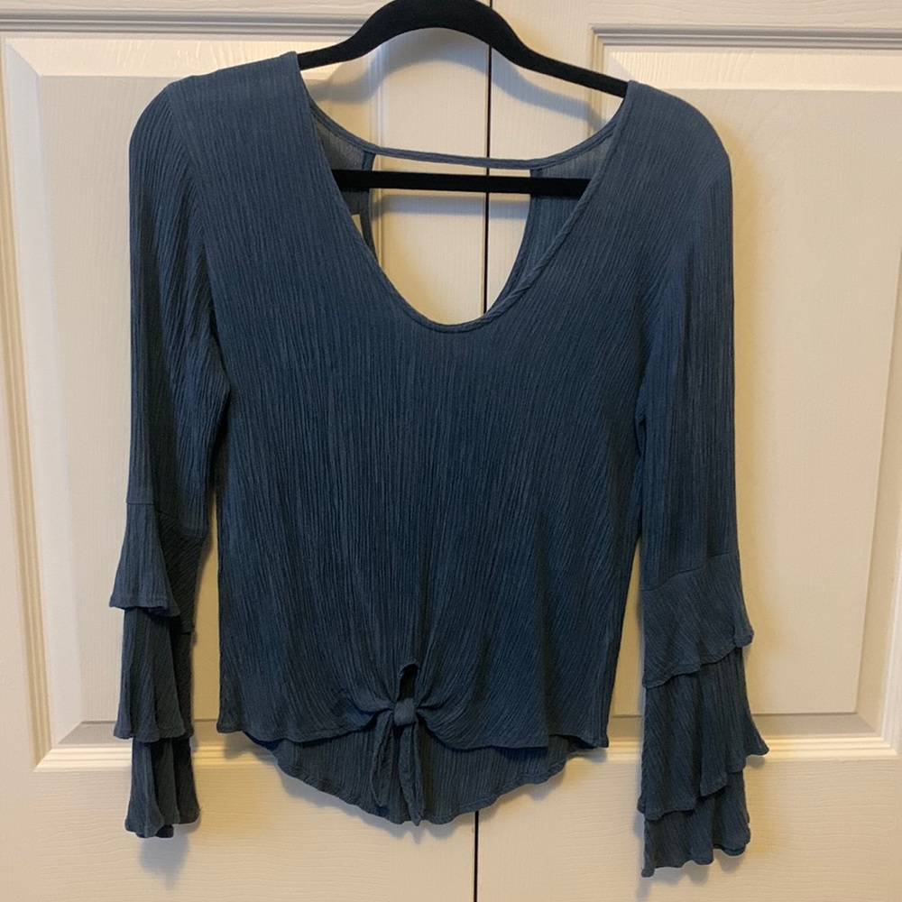 Lucy Love Cornflower Blue Long Sleeve Crinkle Fabric Top